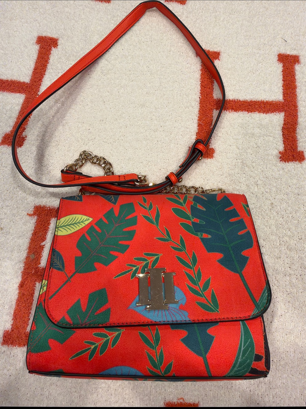 Orange Tropical Leaf Crossbody Bag with Gold Chain Strap